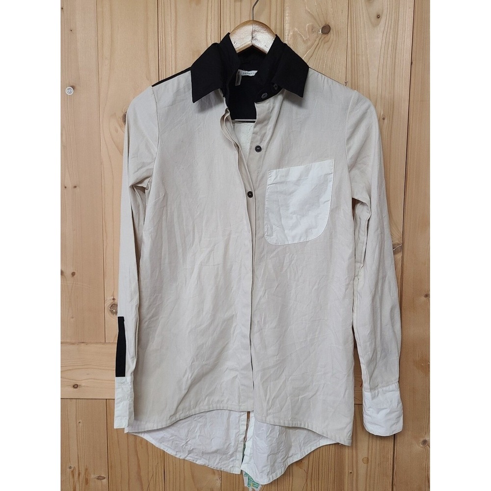 10 Crosby Derek Lam Shirt Women 2 Tan White Black Colorblock Button Up‎ Good